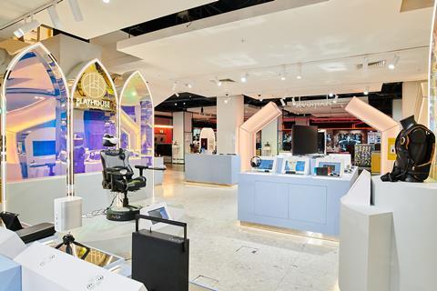 Virtual reality headset on a chair in Selfridges gaming